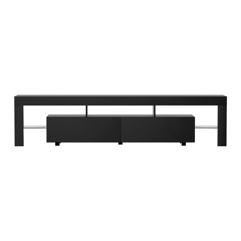 Kingston black 200cm high gloss LED entertainment unit with RGB lighting in a modern living room