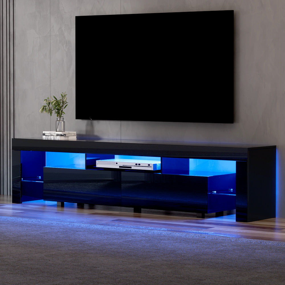 Kingston black 200cm high gloss LED entertainment unit with RGB lighting in a modern living room