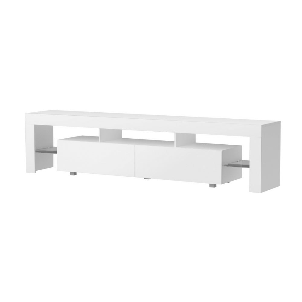 Kingston white 200cm high gloss LED entertainment unit with RGB lighting in a modern living room