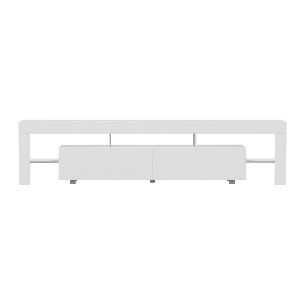Kingston white 200cm high gloss LED entertainment unit with RGB lighting in a modern living room