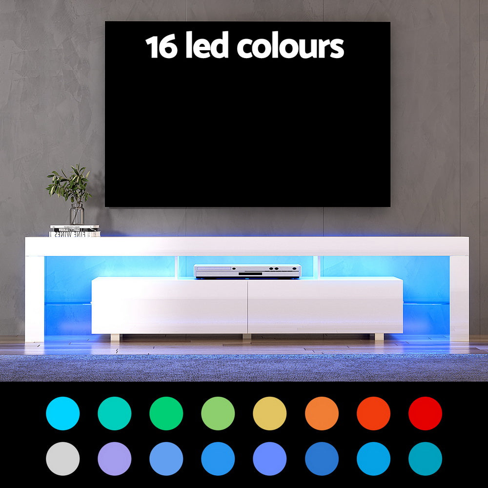 Kingston white 200cm high gloss LED entertainment unit with RGB lighting in a modern living room