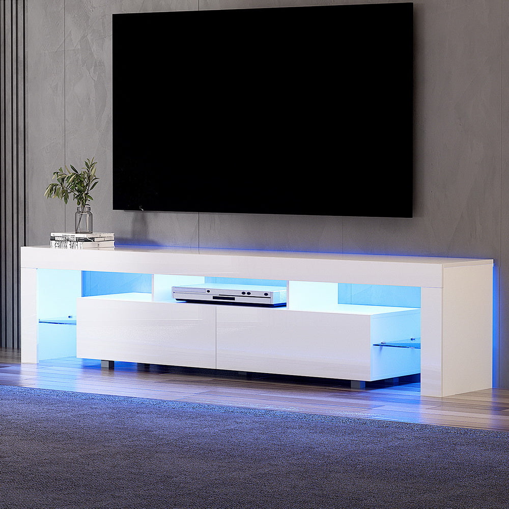 Kingston white 200cm high gloss LED entertainment unit with RGB lighting in a modern living room