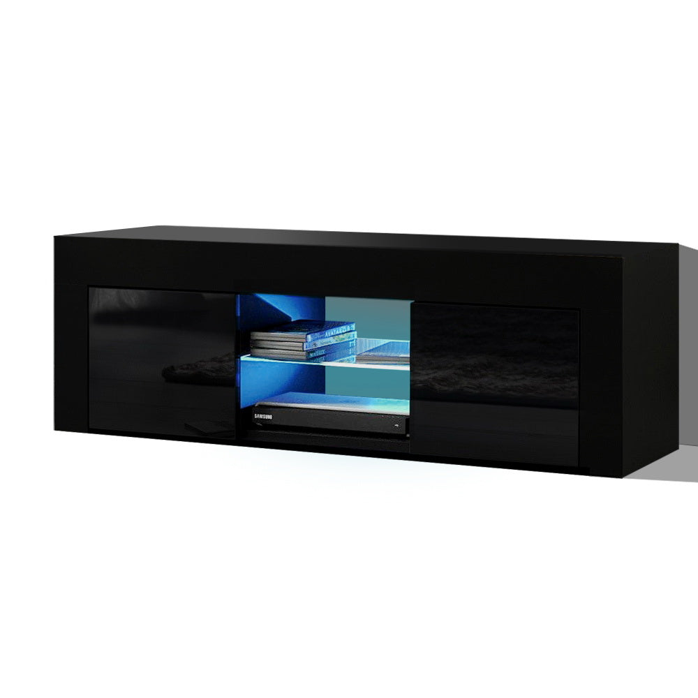 Geeveston black 130cm LED entertainment unit with RGB lighting in a modern living room