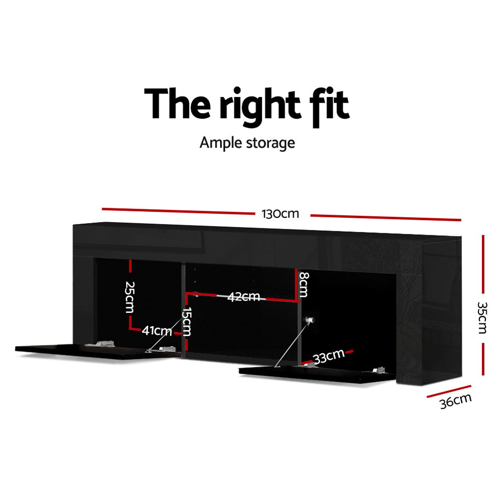 Geeveston black 130cm LED entertainment unit with RGB lighting in a modern living room