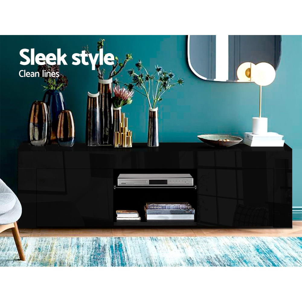 Geeveston black 130cm LED entertainment unit with RGB lighting in a modern living room