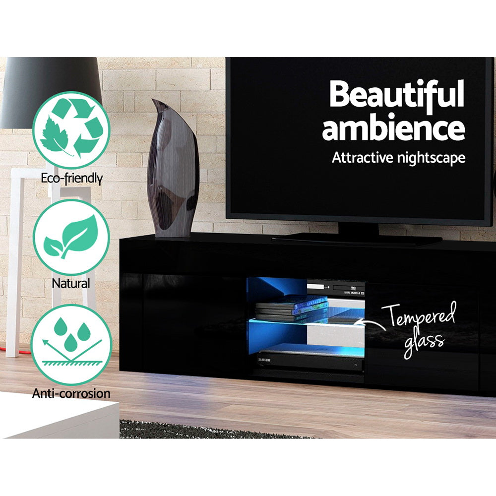 Geeveston black 130cm LED entertainment unit with RGB lighting in a modern living room