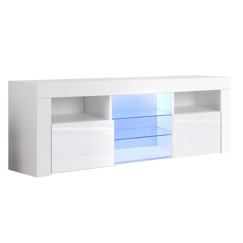 Geeveston white 145cm LED entertainment unit with RGB lighting in a modern living room