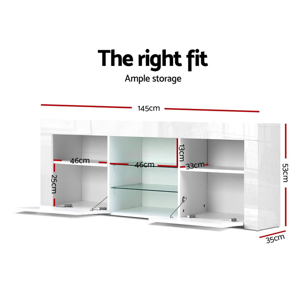 Geeveston white 145cm LED entertainment unit with RGB lighting in a modern living room