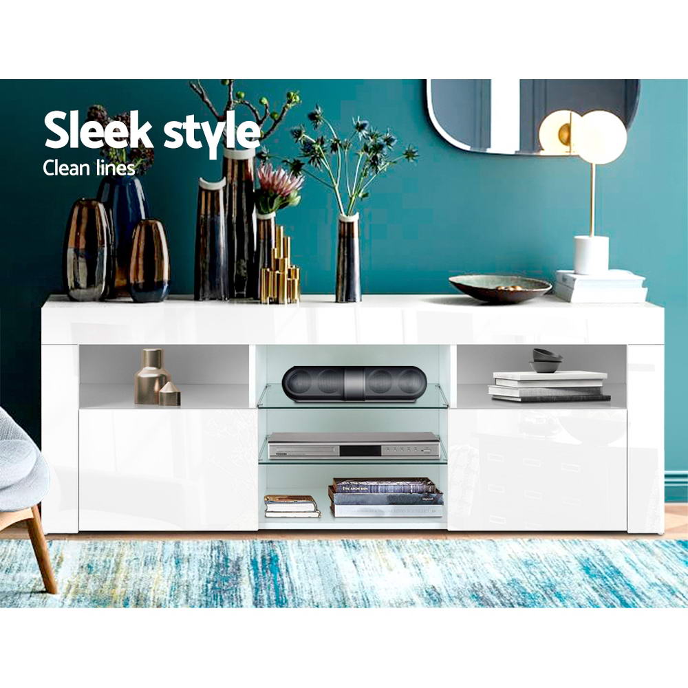 Geeveston white 145cm LED entertainment unit with RGB lighting in a modern living room