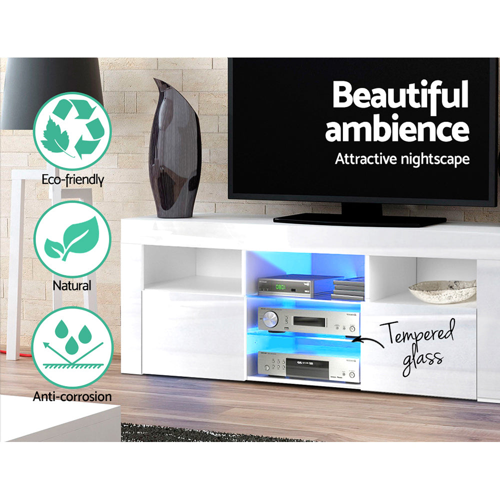Geeveston white 145cm LED entertainment unit with RGB lighting in a modern living room