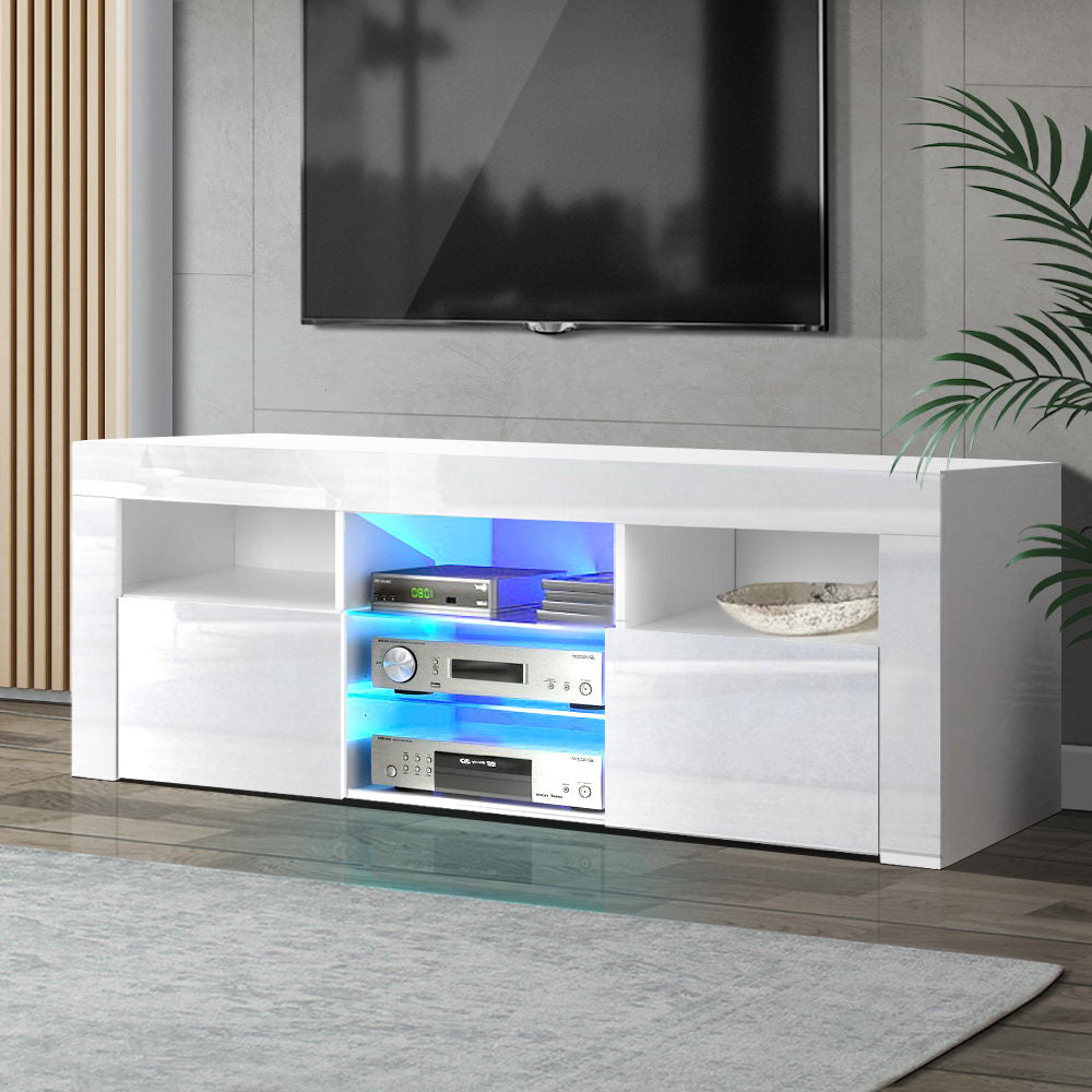 Geeveston white 145cm LED entertainment unit with RGB lighting in a modern living room