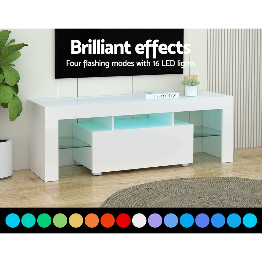 Blackmans Bay white 130cm LED entertainment unit with RGB lighting in a modern living room