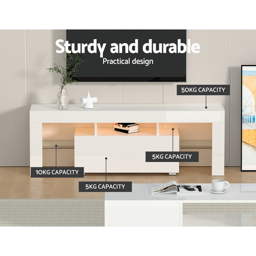 Blackmans Bay white 130cm LED entertainment unit with RGB lighting in a modern living room