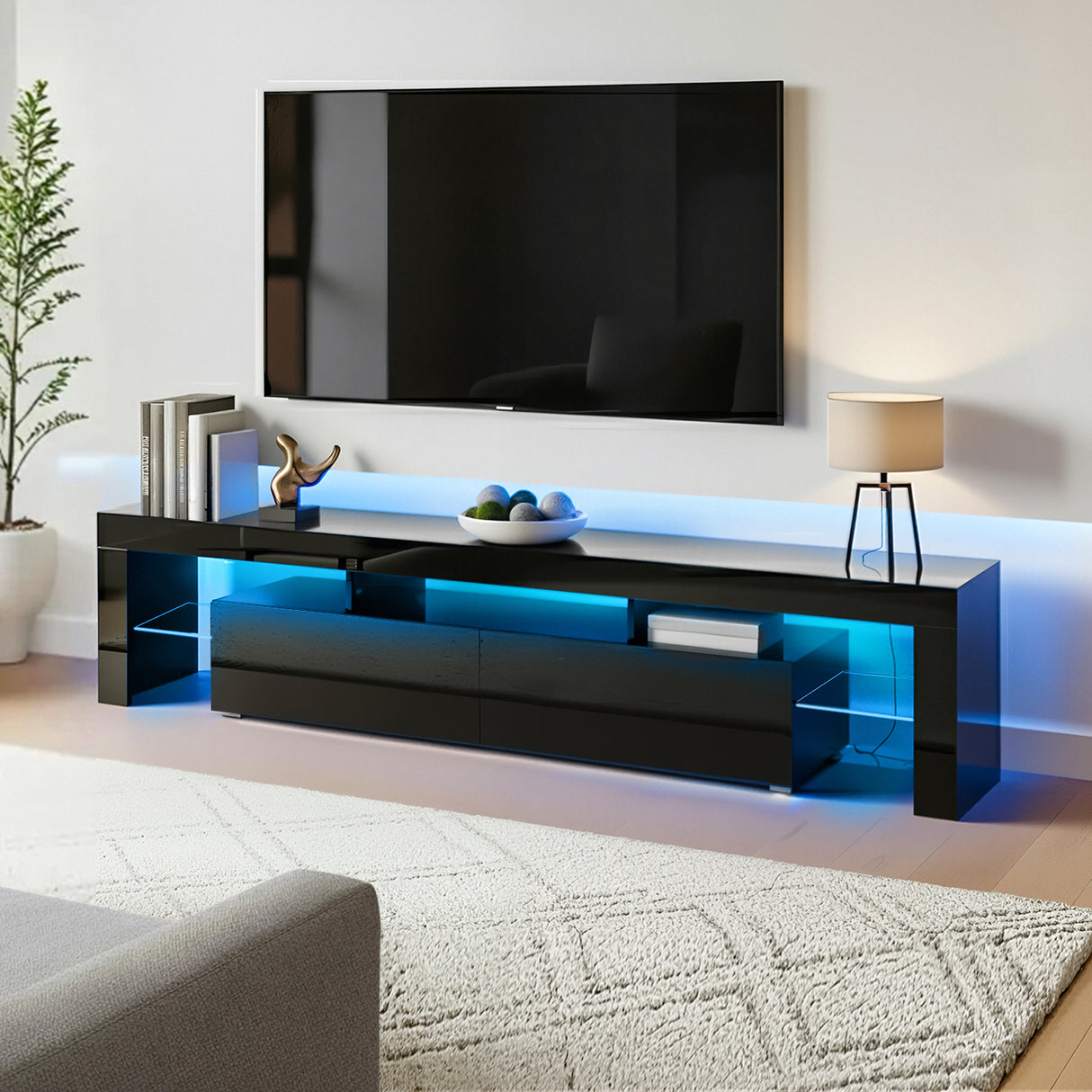 Blackmans Bay black 189cm LED entertainment unit with RGB lighting in a modern living room