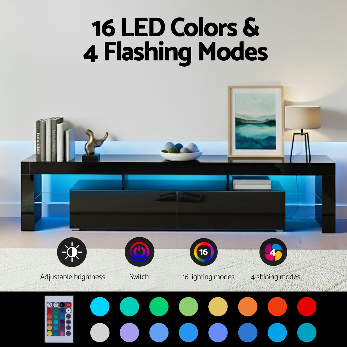 Blackmans Bay black 189cm LED entertainment unit with RGB lighting in a modern living room