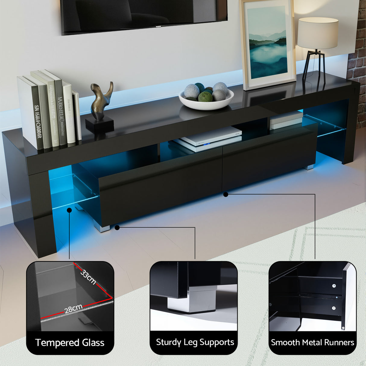 Blackmans Bay black 189cm LED entertainment unit with RGB lighting in a modern living room