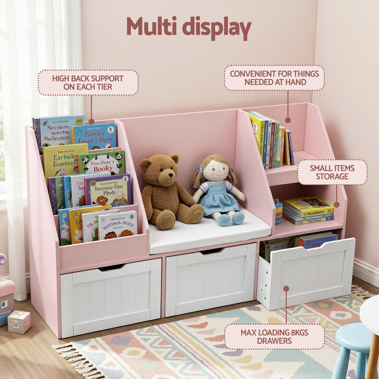 Pink 140cm kids bookshelf and toy storage bench with movable drawers