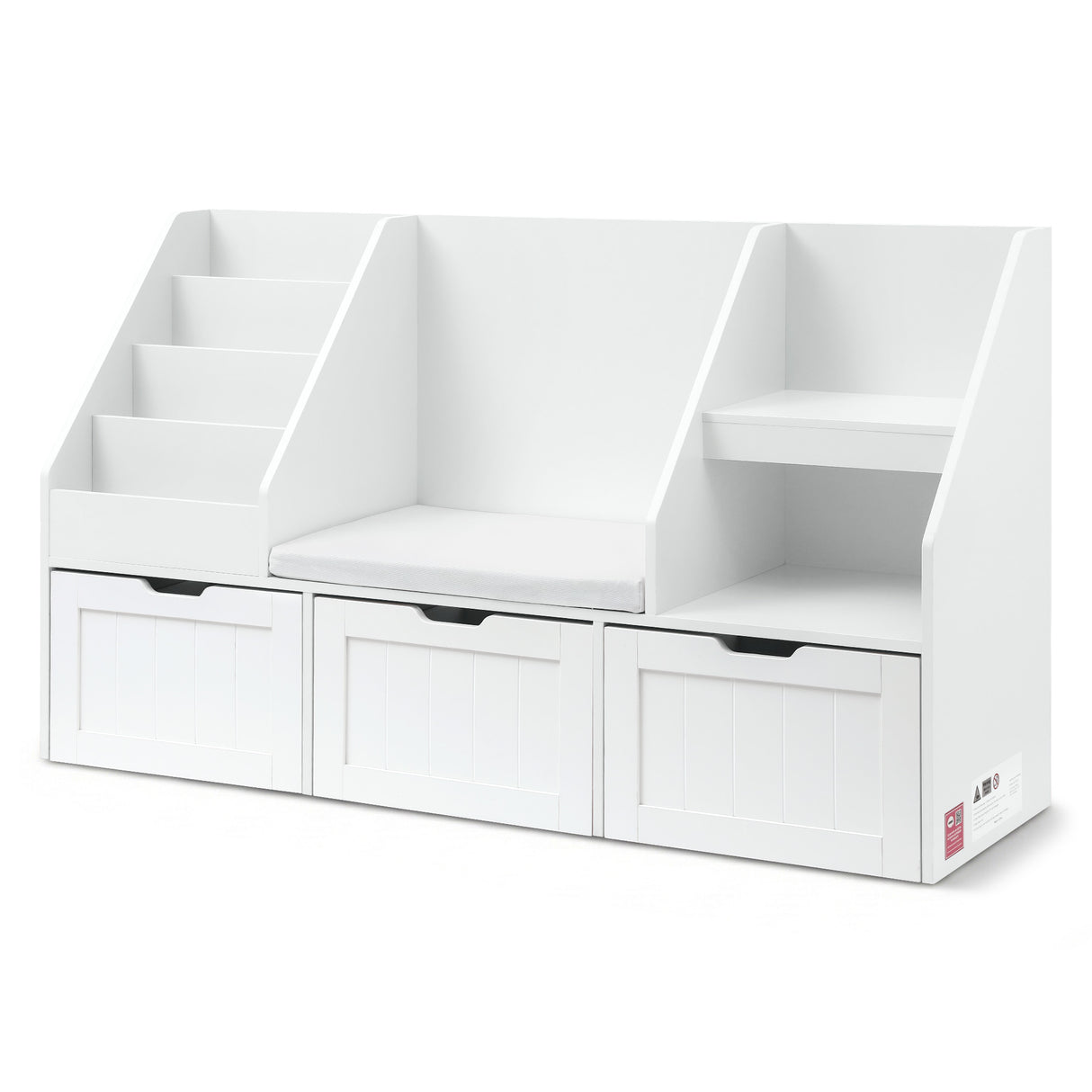 White 140cm kids bookshelf and toy storage bench with movable drawers