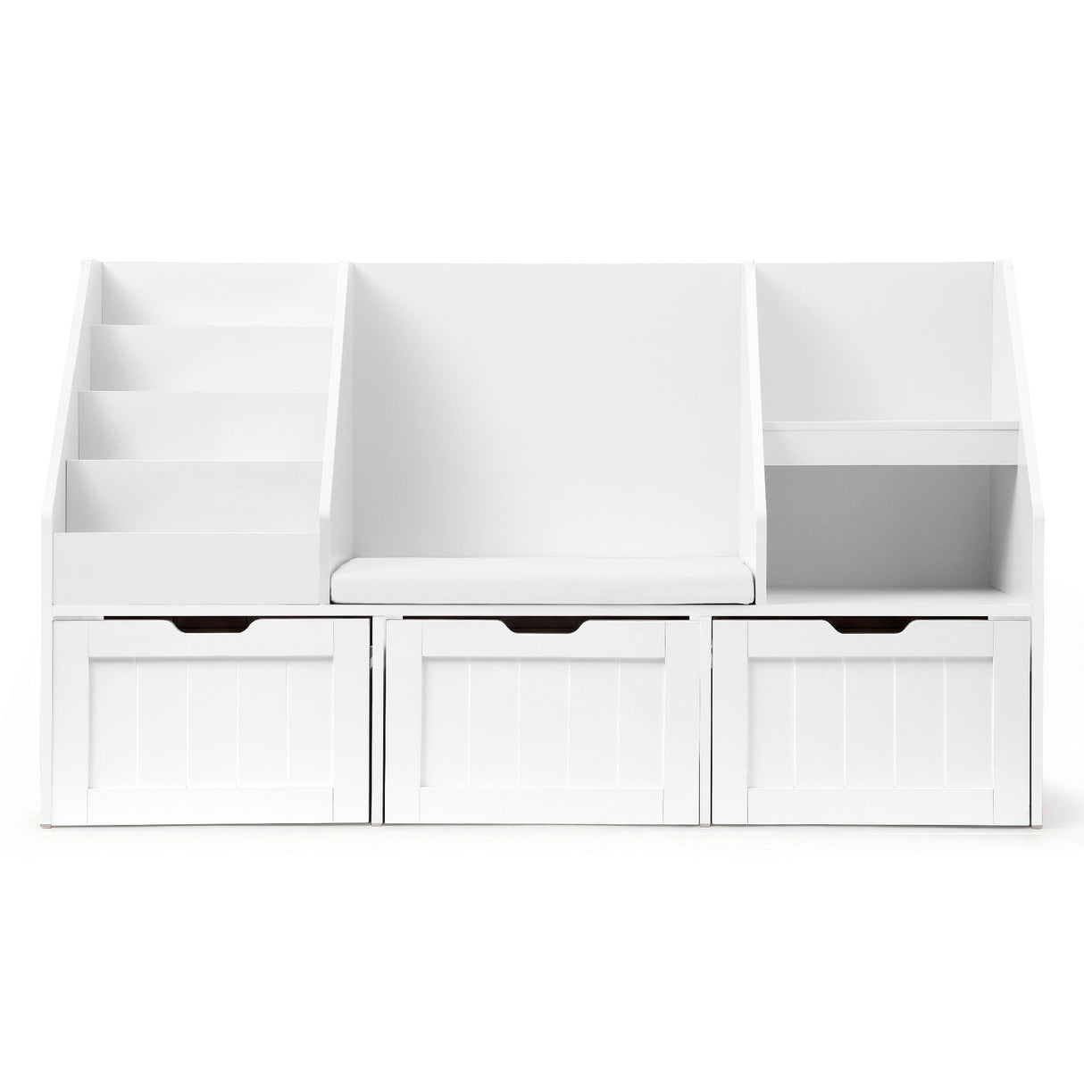 White 140cm kids bookshelf and toy storage bench with movable drawers