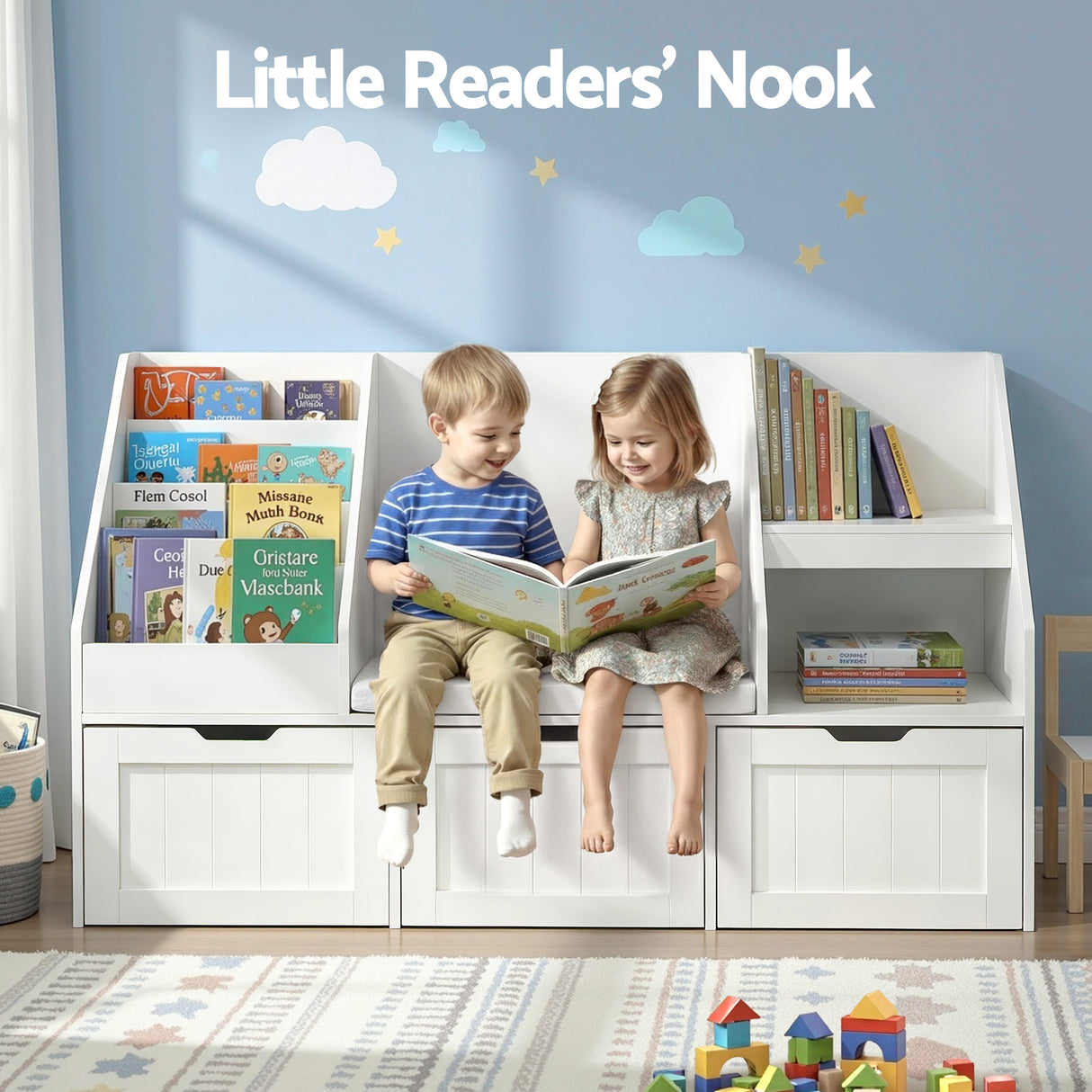 White 140cm kids bookshelf and toy storage bench with movable drawers