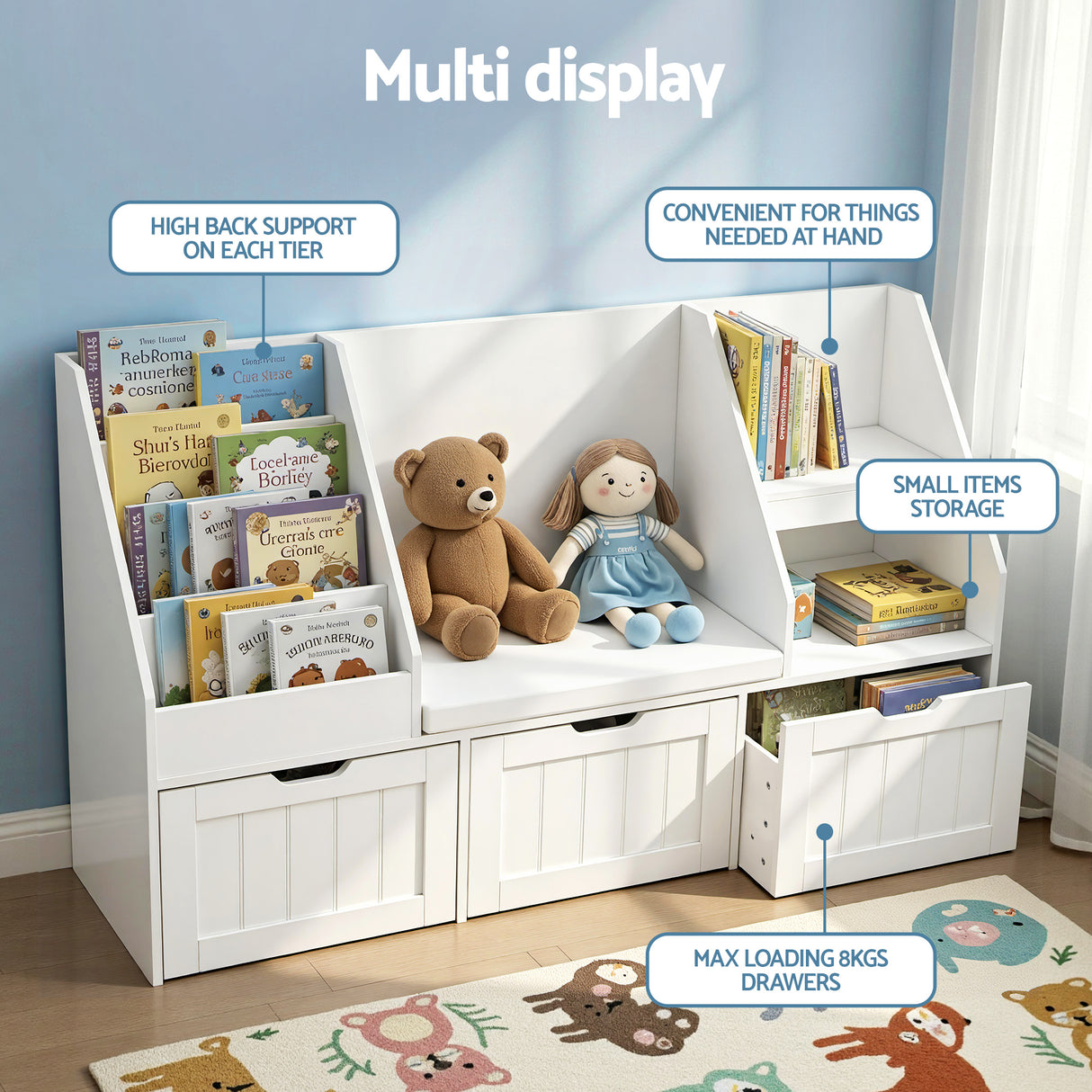 White 140cm kids bookshelf and toy storage bench with movable drawers