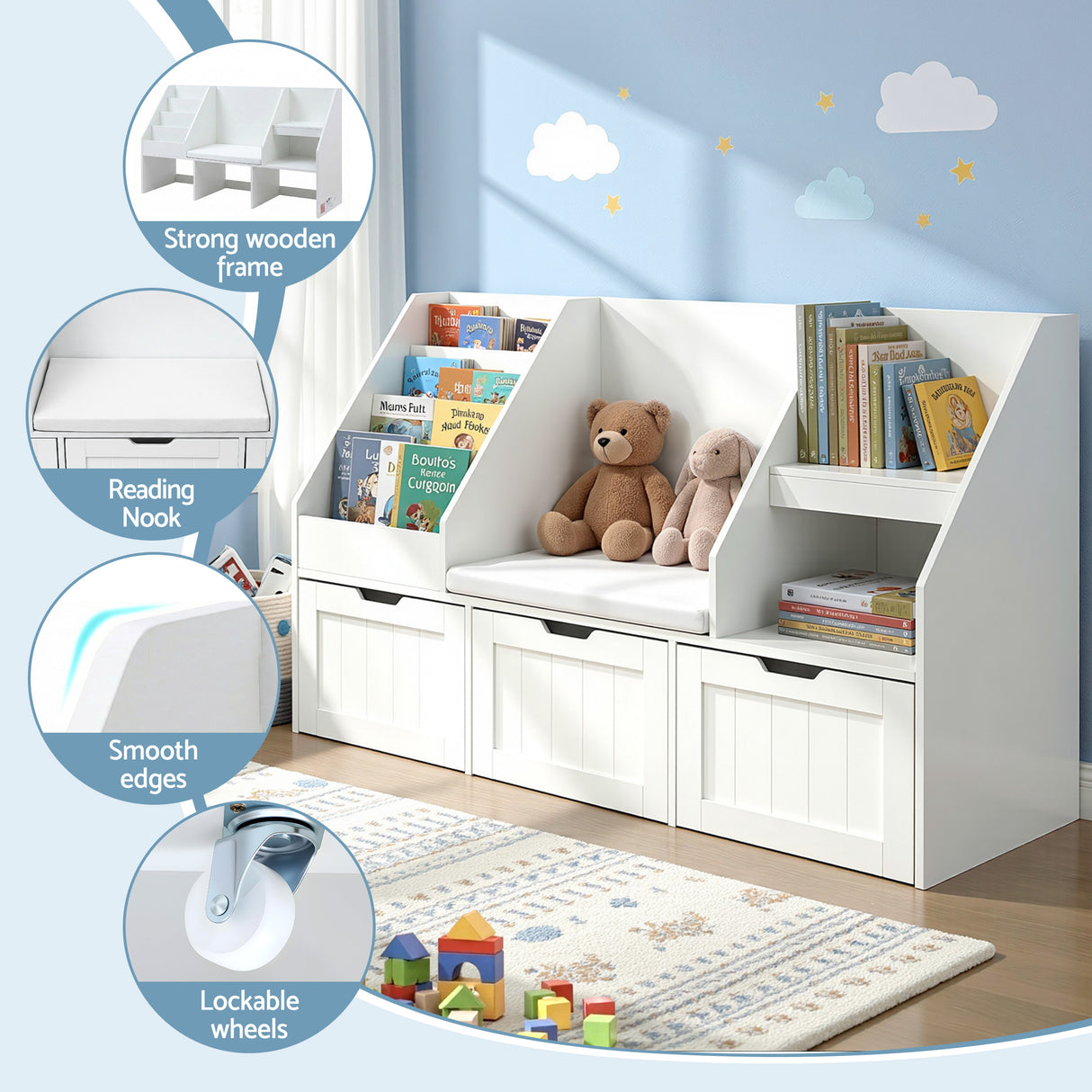 White 140cm kids bookshelf and toy storage bench with movable drawers