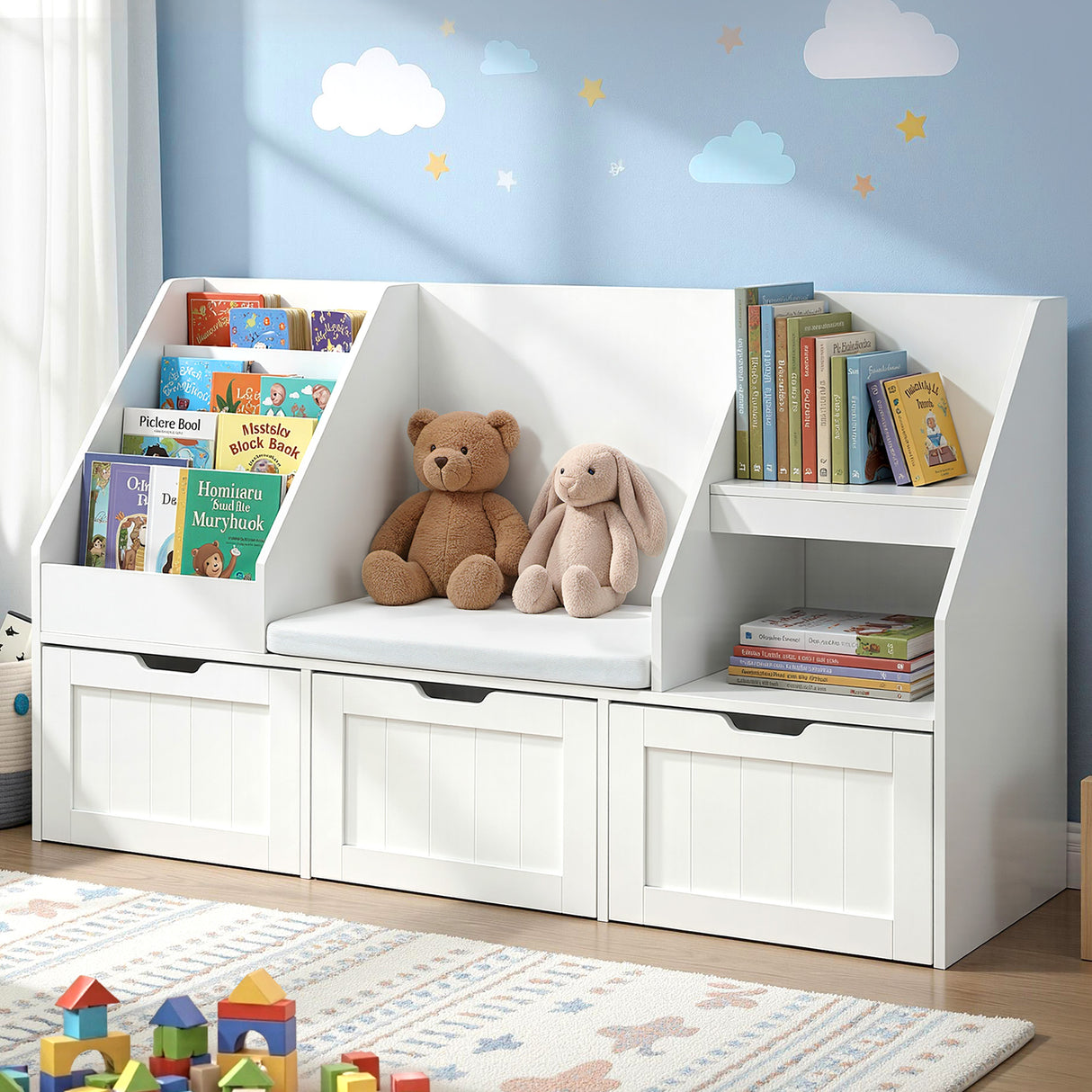 White 140cm kids bookshelf and toy storage bench with movable drawers