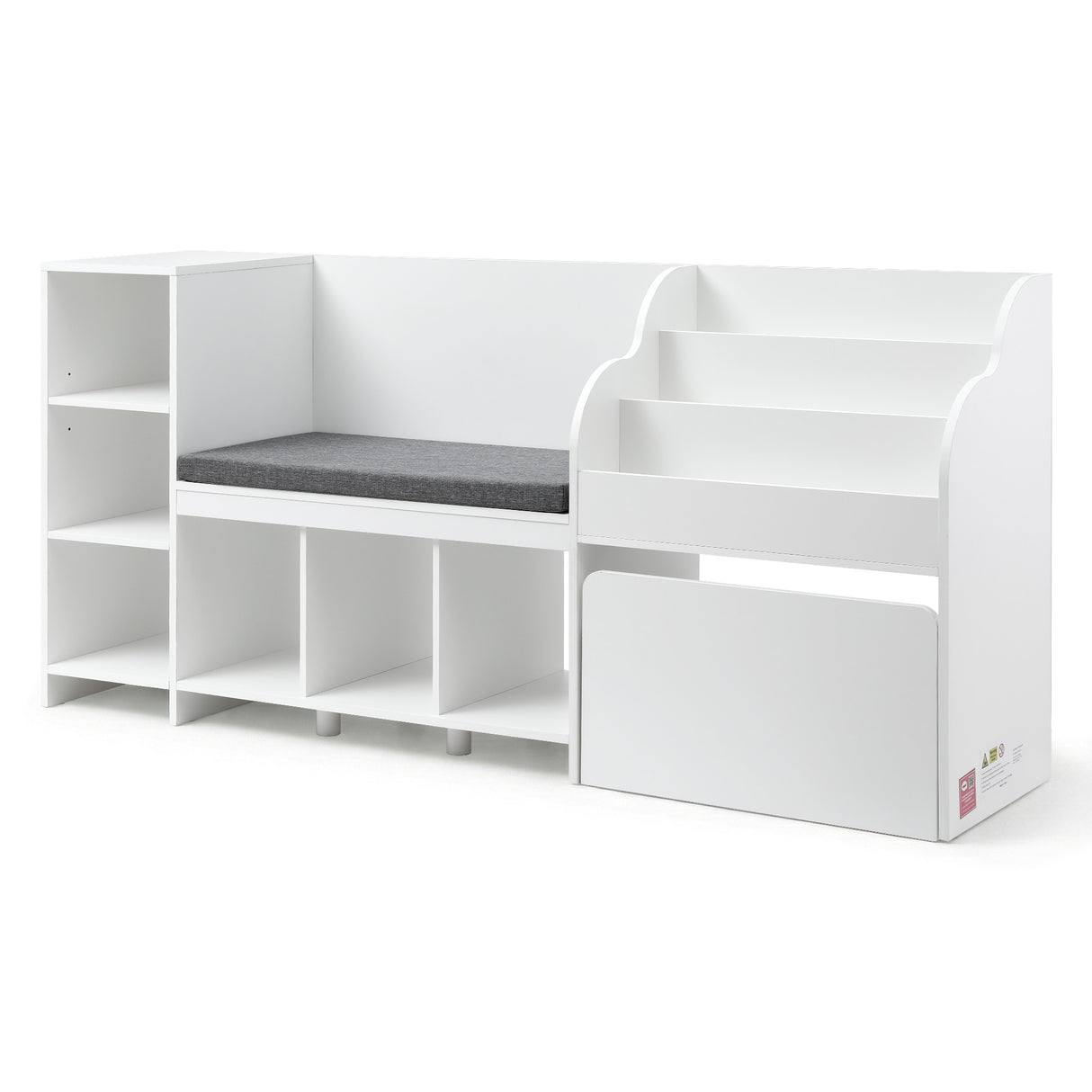 White 170cm kids bookshelf and toy storage unit with reading bench