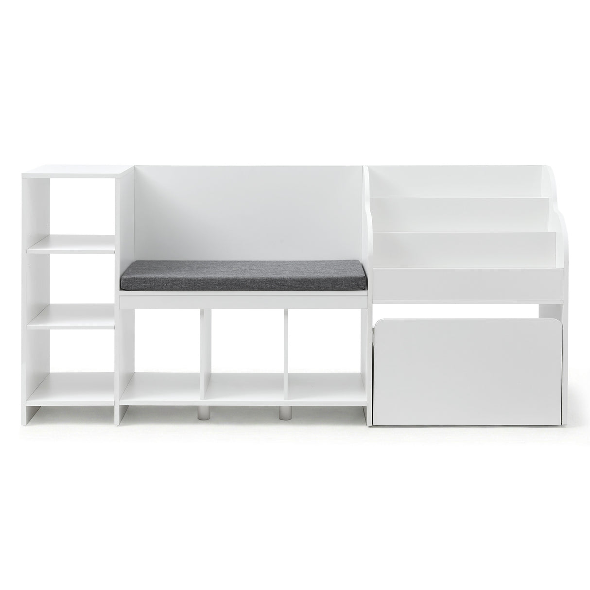 White 170cm kids bookshelf and toy storage unit with reading bench