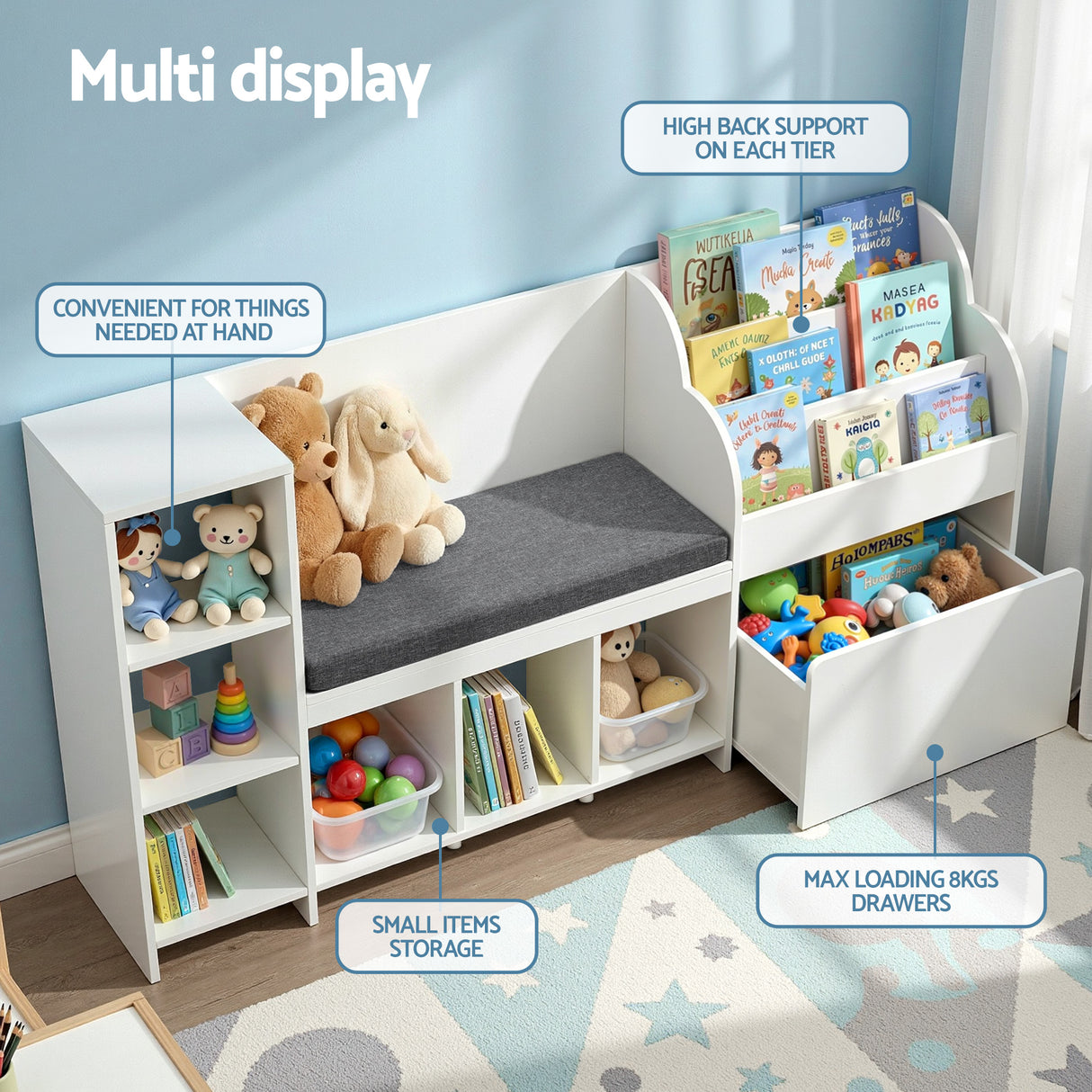 White 170cm kids bookshelf and toy storage unit with reading bench