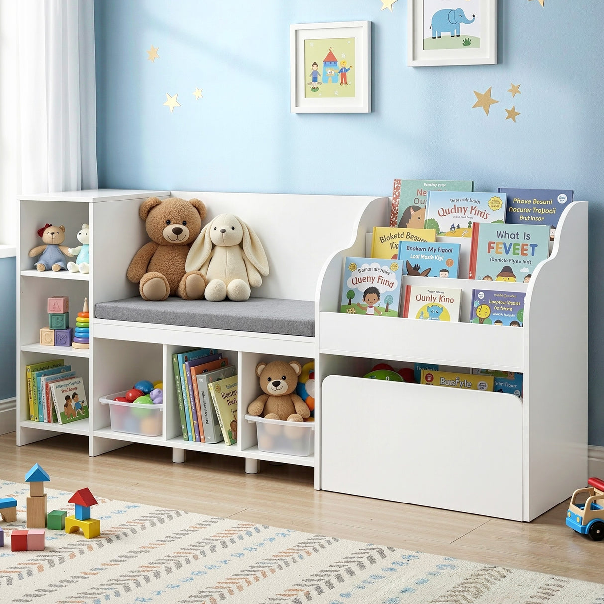 White 170cm kids bookshelf and toy storage unit with reading bench
