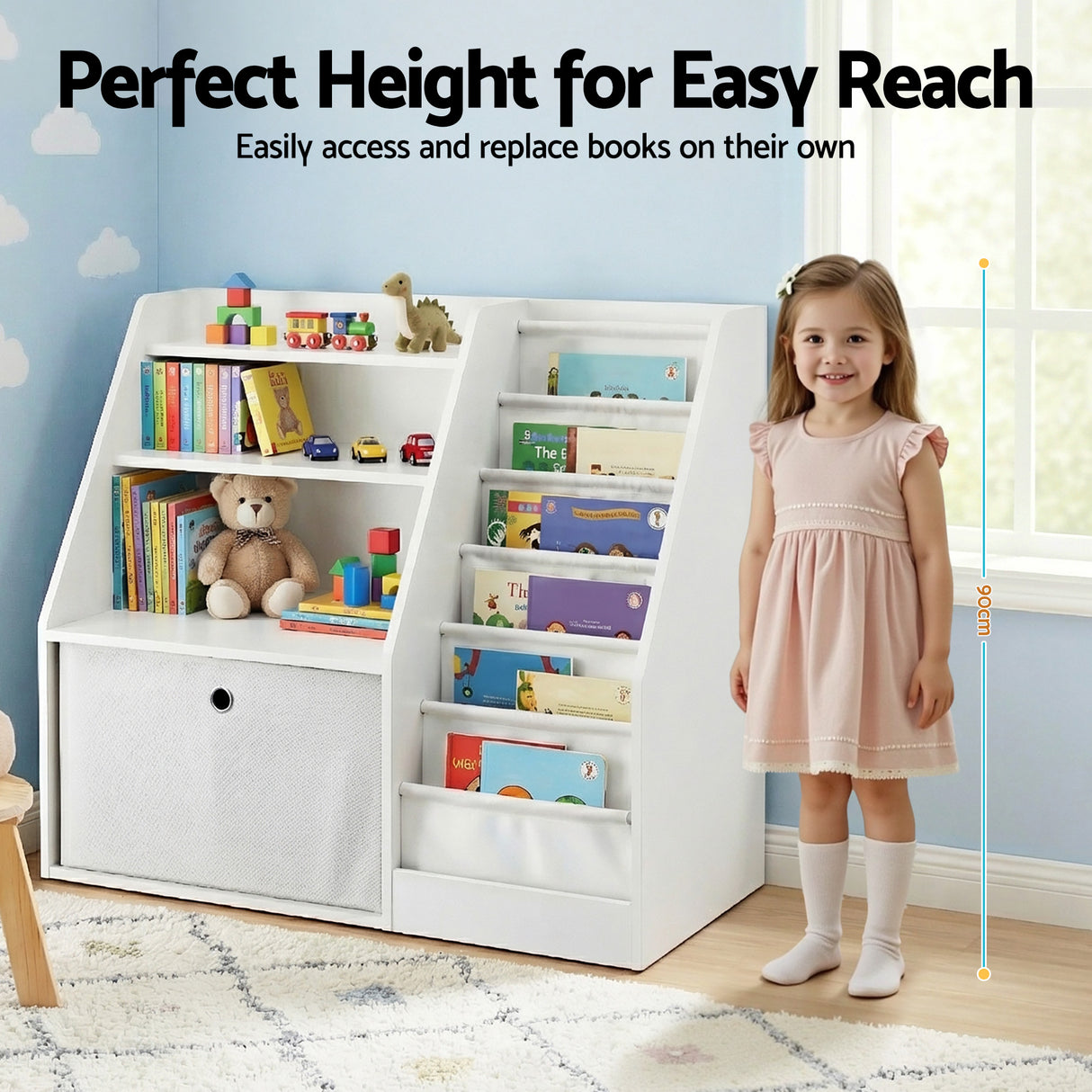 Kids Bookshelf with Sling Book Pockets and Storage Drawer, White