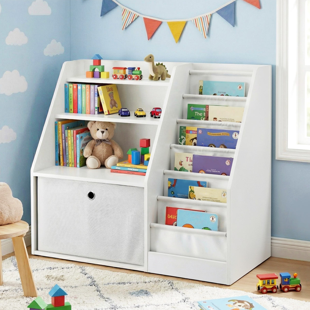 Kids Bookshelf with Sling Book Pockets and Storage Drawer, White