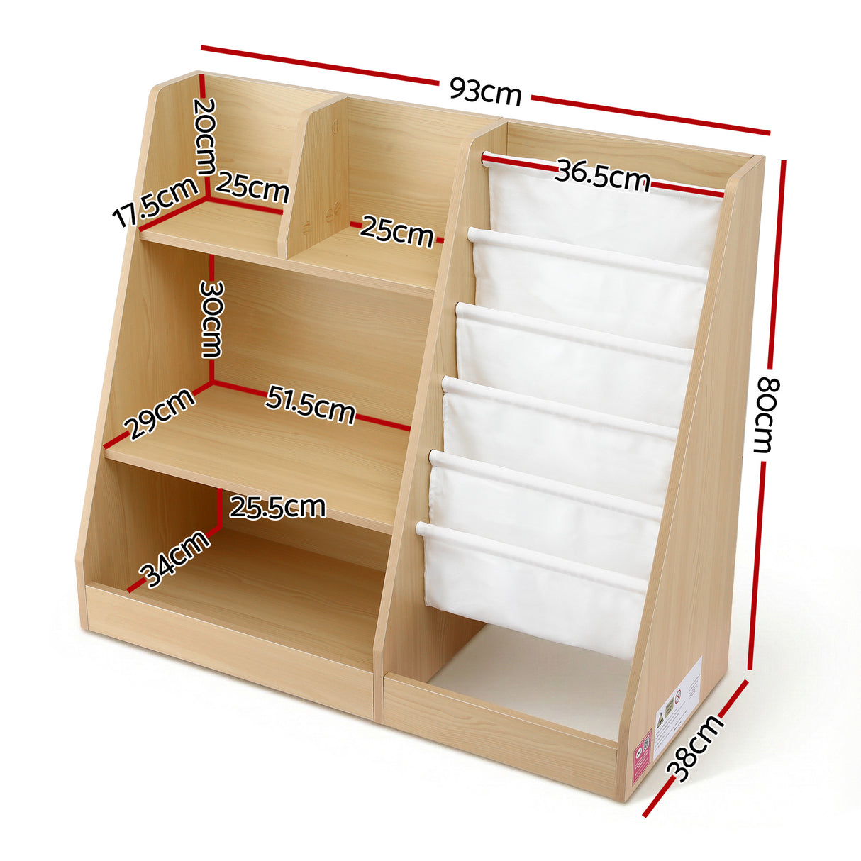 Wood finish kids bookshelf with fabric book slings, open shelves and a storage drawer