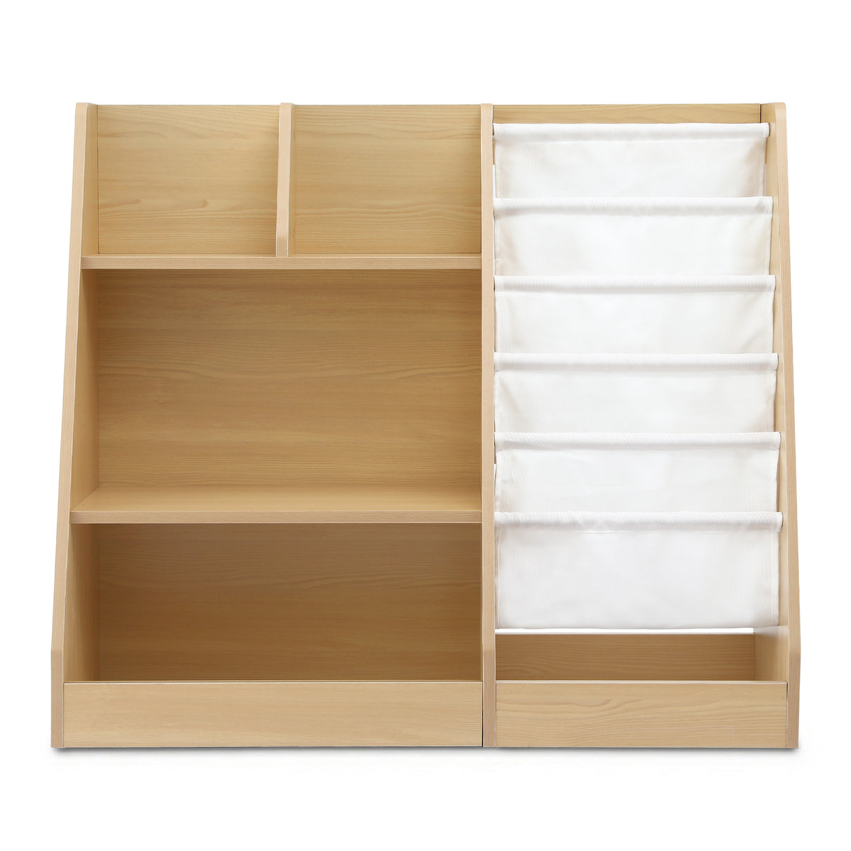 Wood finish kids bookshelf with fabric book slings, open shelves and a storage drawer