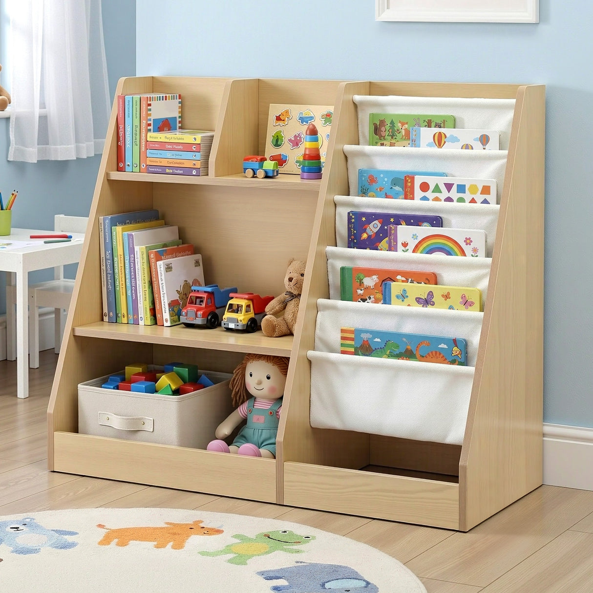 Wood finish kids bookshelf with fabric book slings, open shelves and a storage drawer