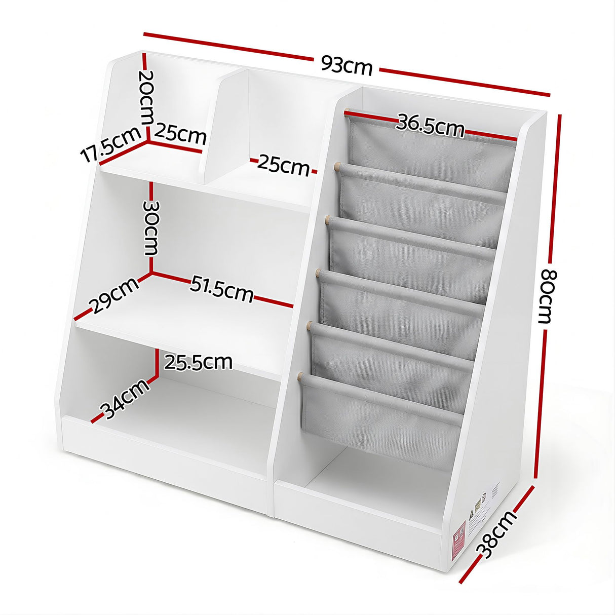 Kids Bookshelf with Sling Book Pockets and Drawer, White