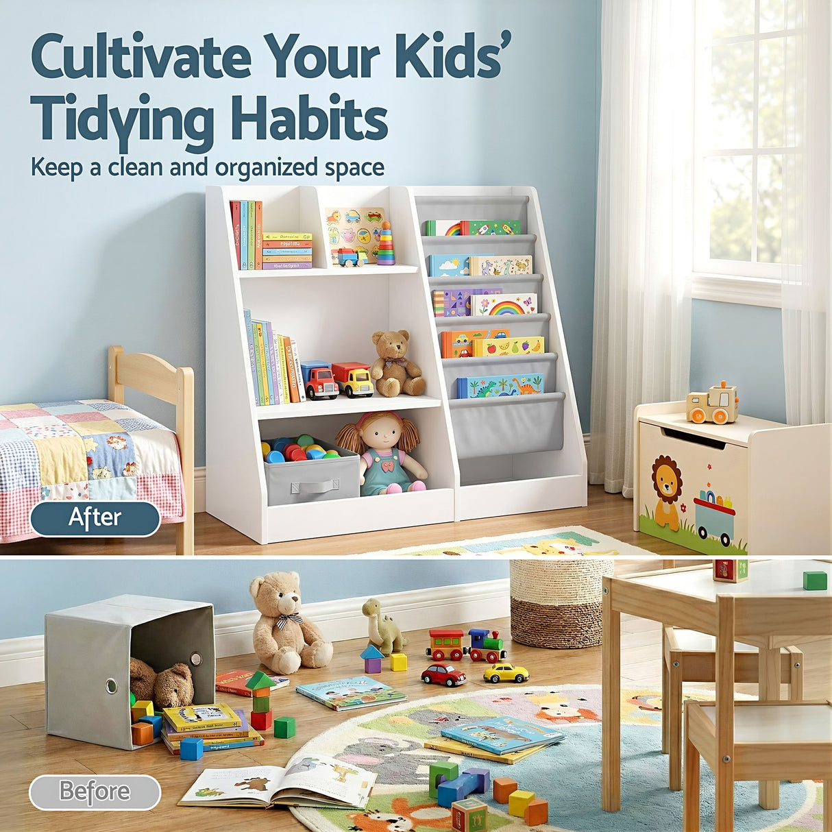 Kids Bookshelf with Sling Book Pockets and Drawer, White