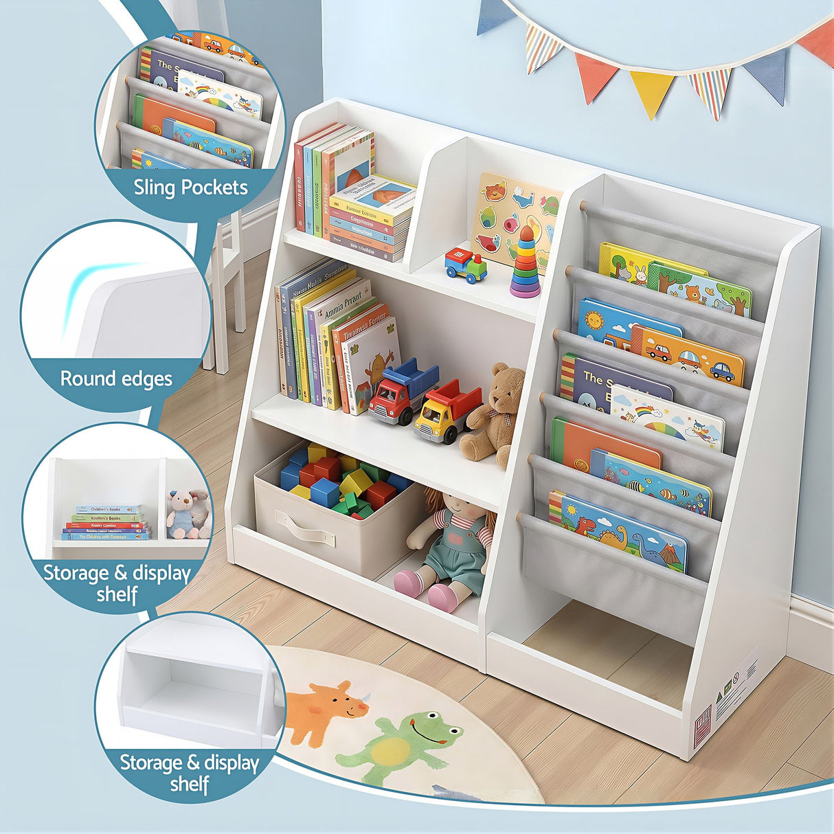 Kids Bookshelf with Sling Book Pockets and Drawer, White