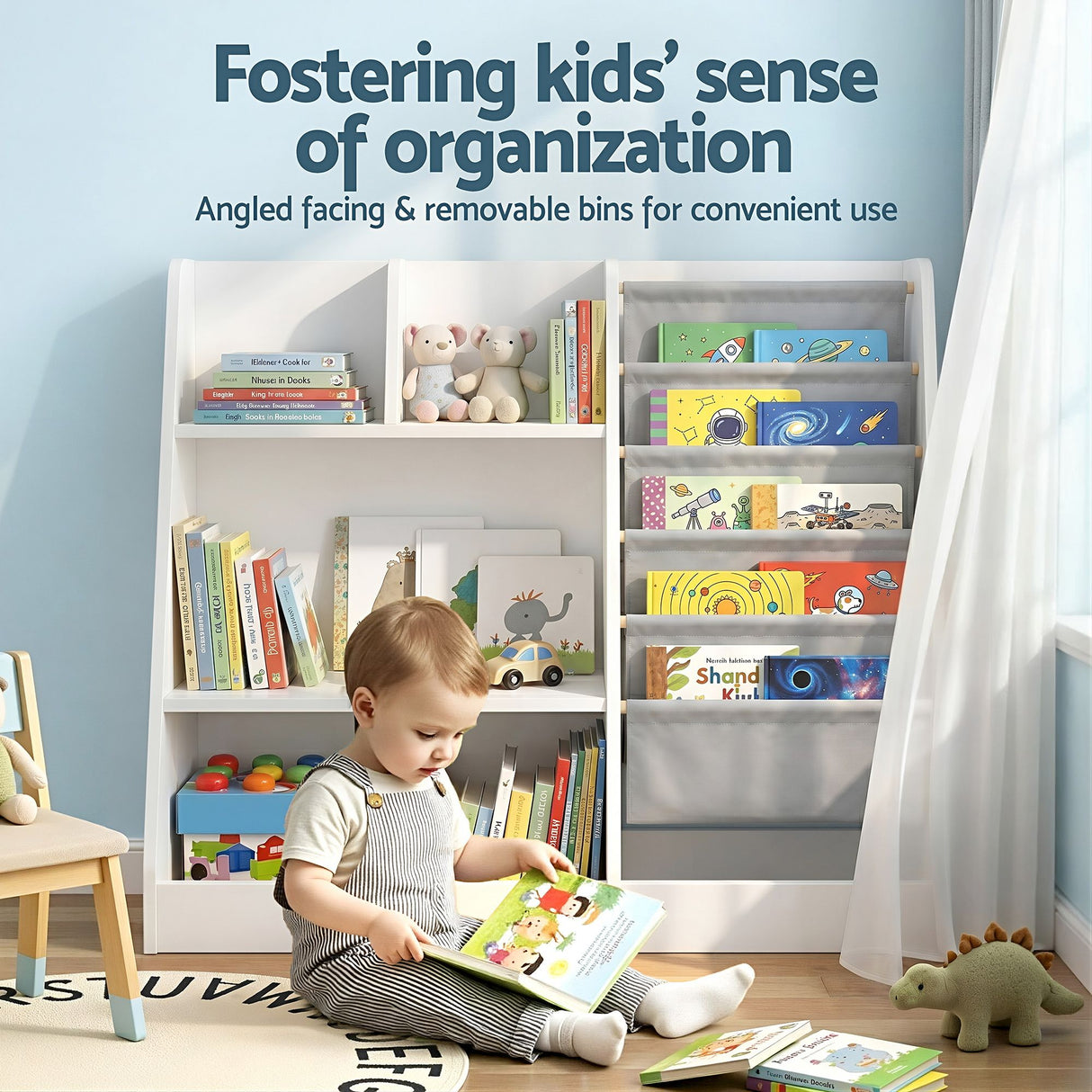 Kids Bookshelf with Sling Book Pockets and Drawer, White