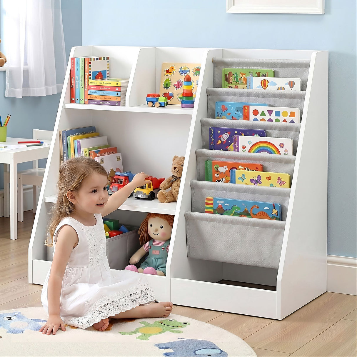 Kids Bookshelf with Sling Book Pockets and Drawer, White