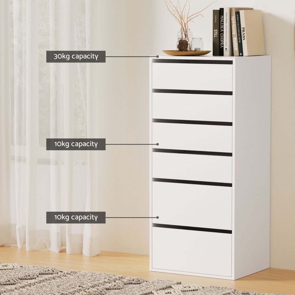 Artiss 6-Drawer Tallboy Dresser in White — 113cm — Allure Home Collections