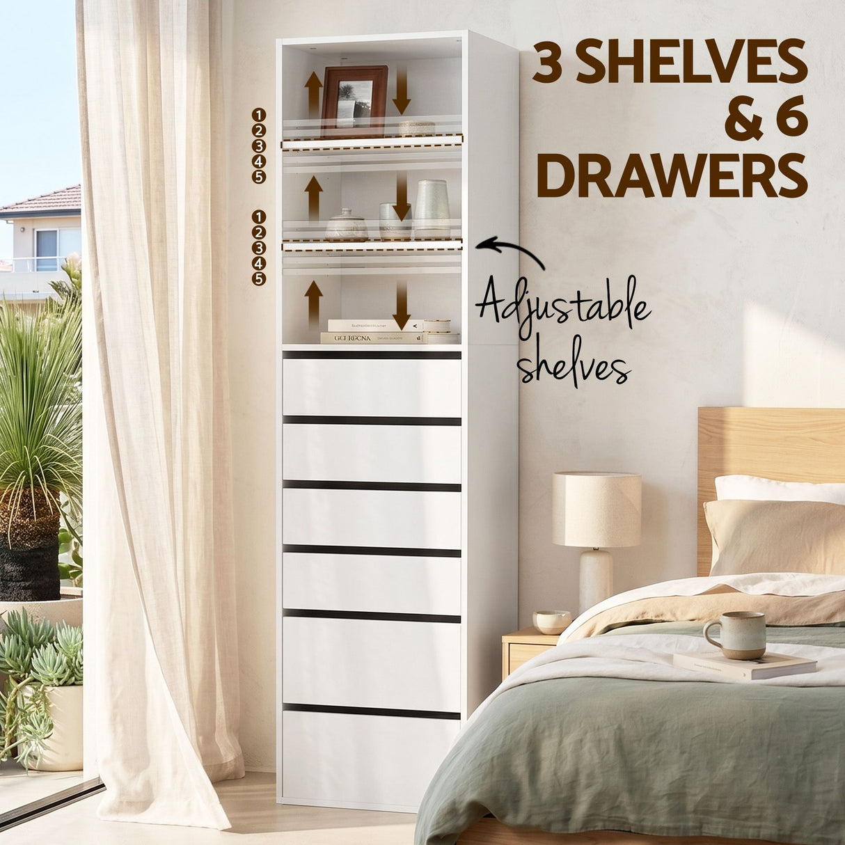High Range 6 Drawer Tallboy, White 2pcs