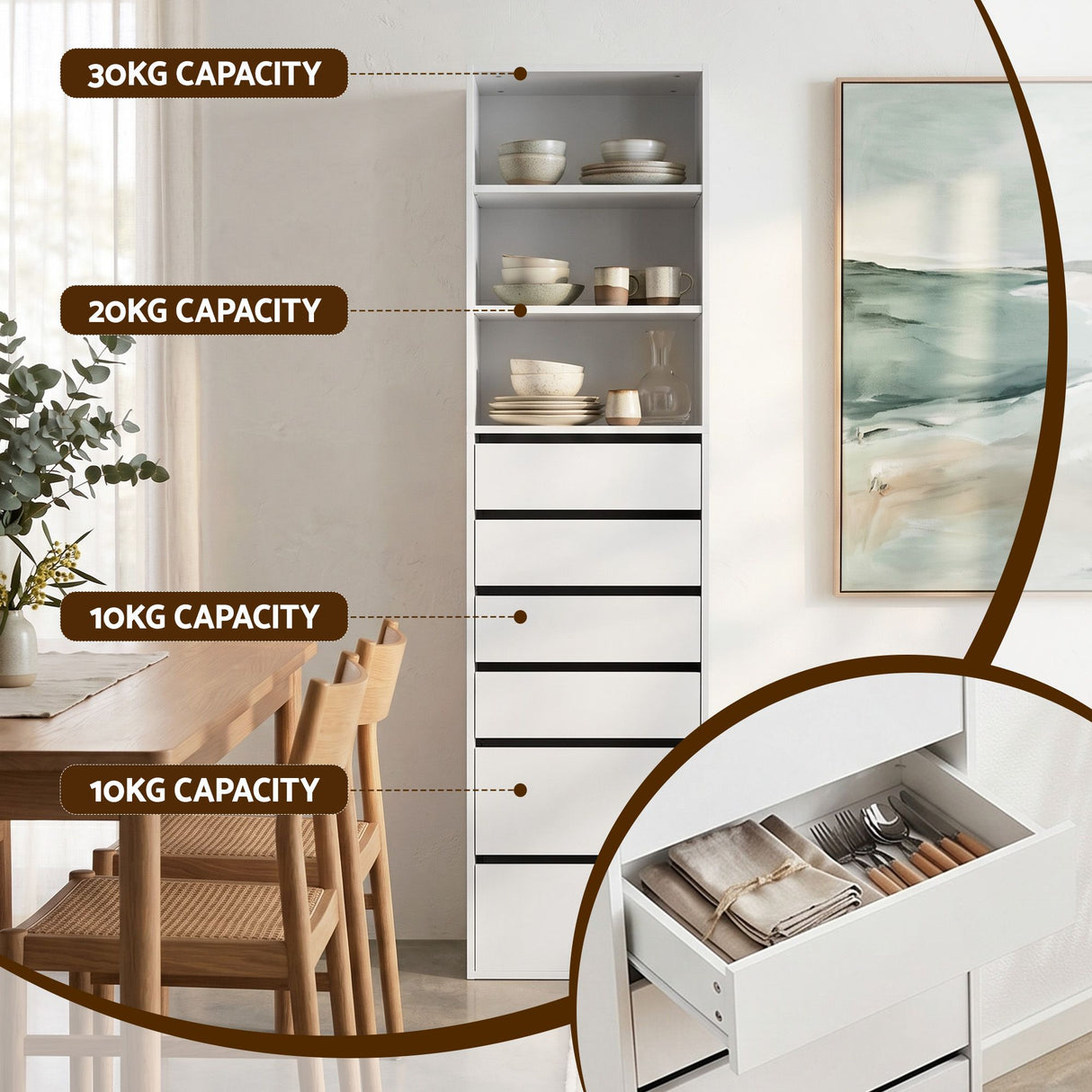 High Range 6 Drawer Tallboy, White 2pcs