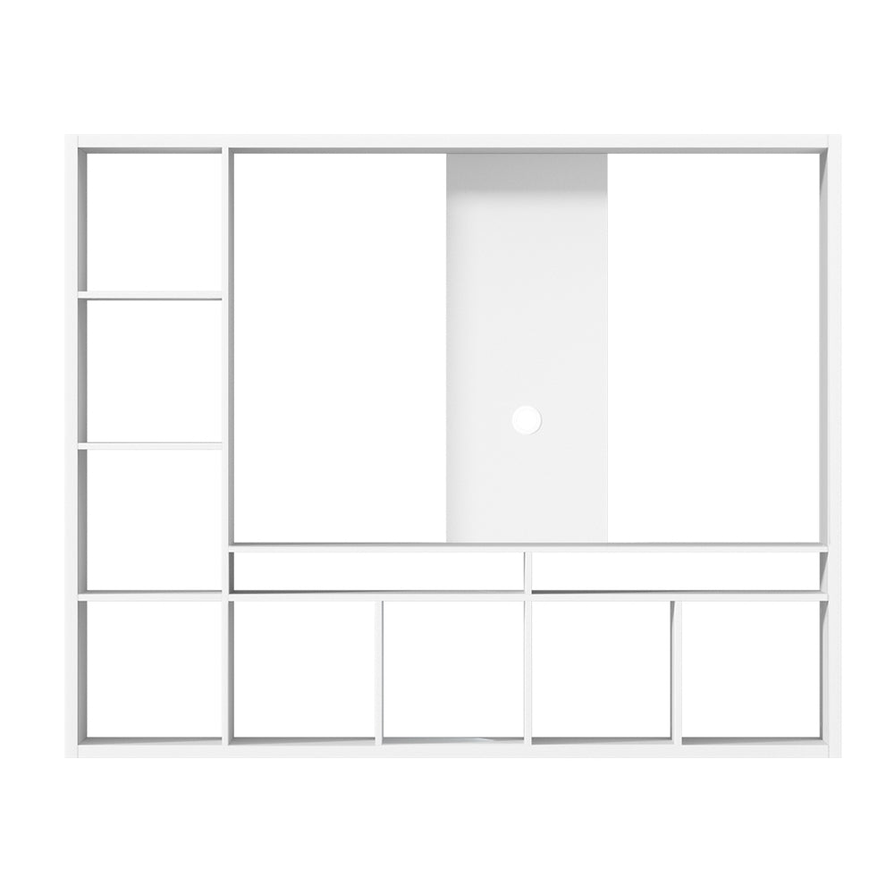 Cygnet white 183cm tall entertainment unit with eleven compartments in a modern living room