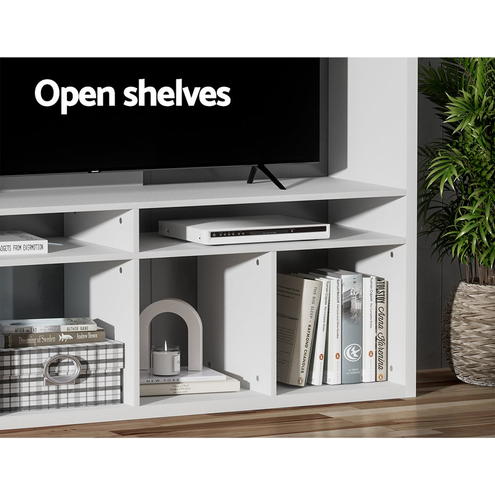 Cygnet white 183cm tall entertainment unit with eleven compartments in a modern living room