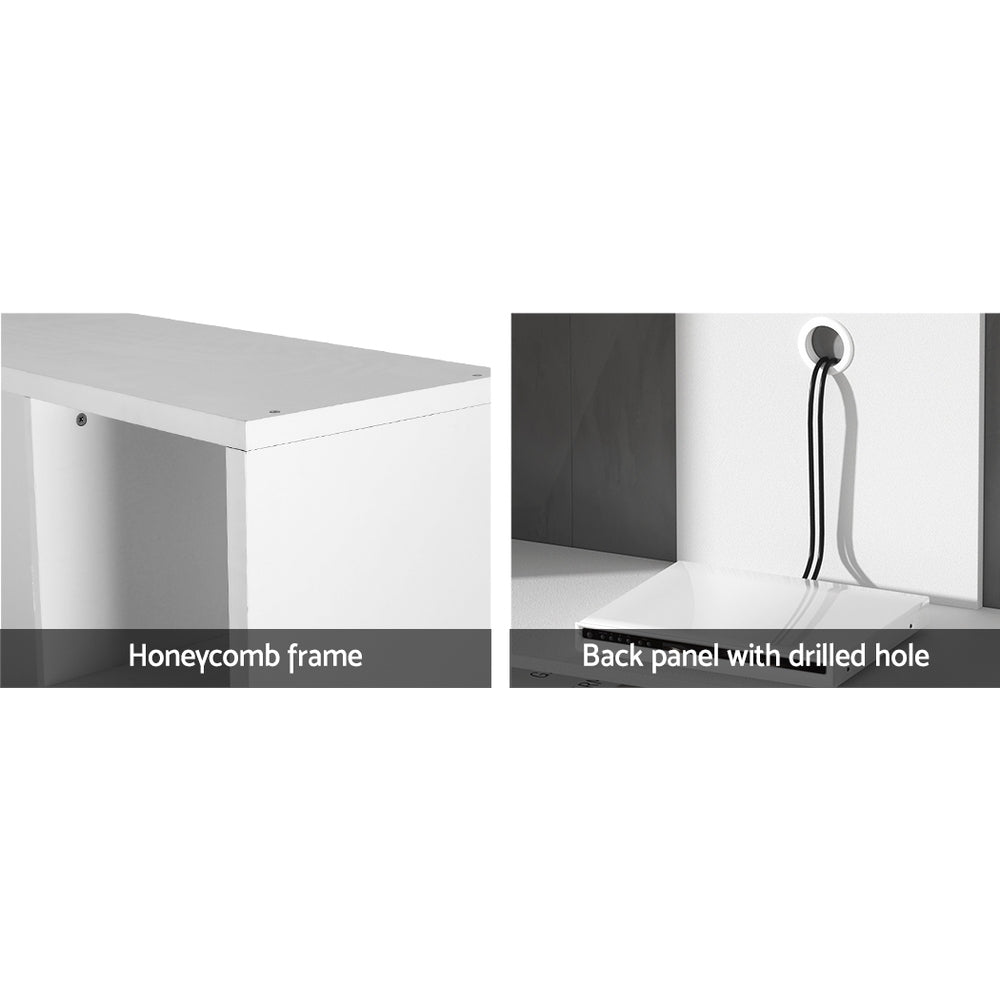Cygnet white 183cm tall entertainment unit with eleven compartments in a modern living room