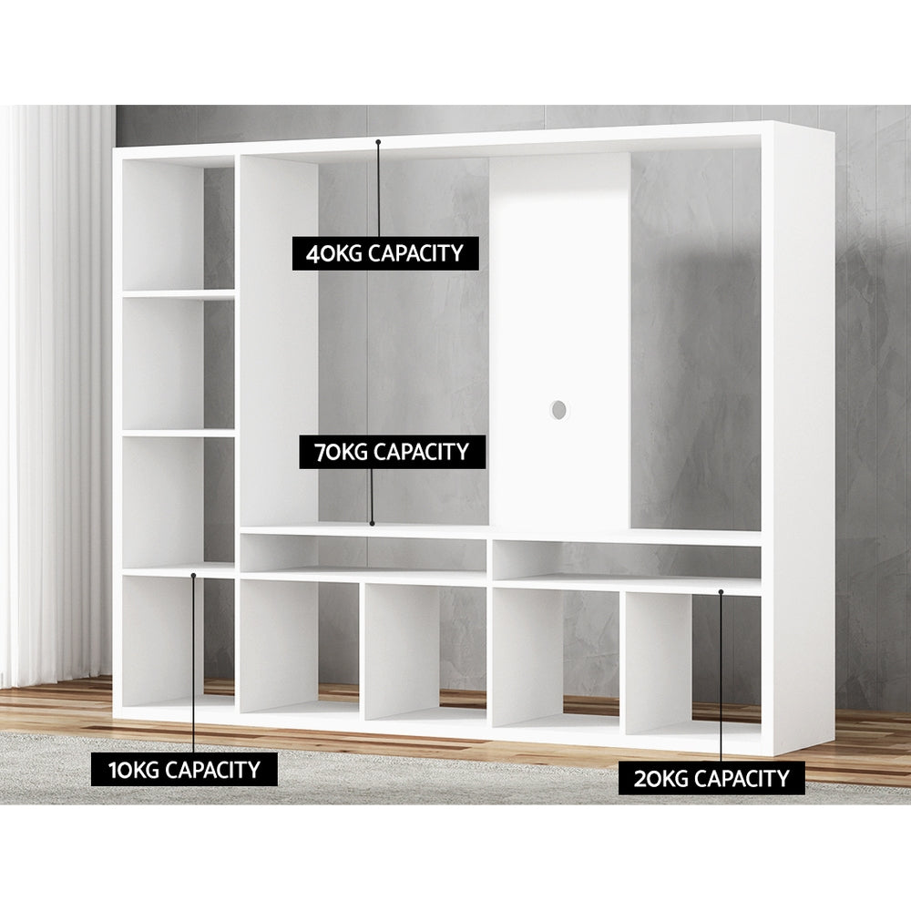 Cygnet white 183cm tall entertainment unit with eleven compartments in a modern living room