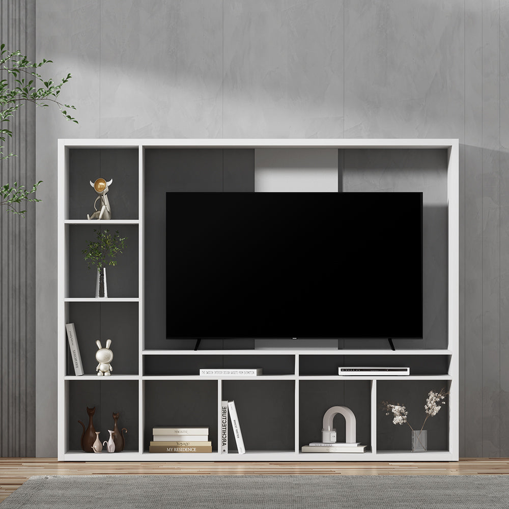Cygnet white 183cm tall entertainment unit with eleven compartments in a modern living room
