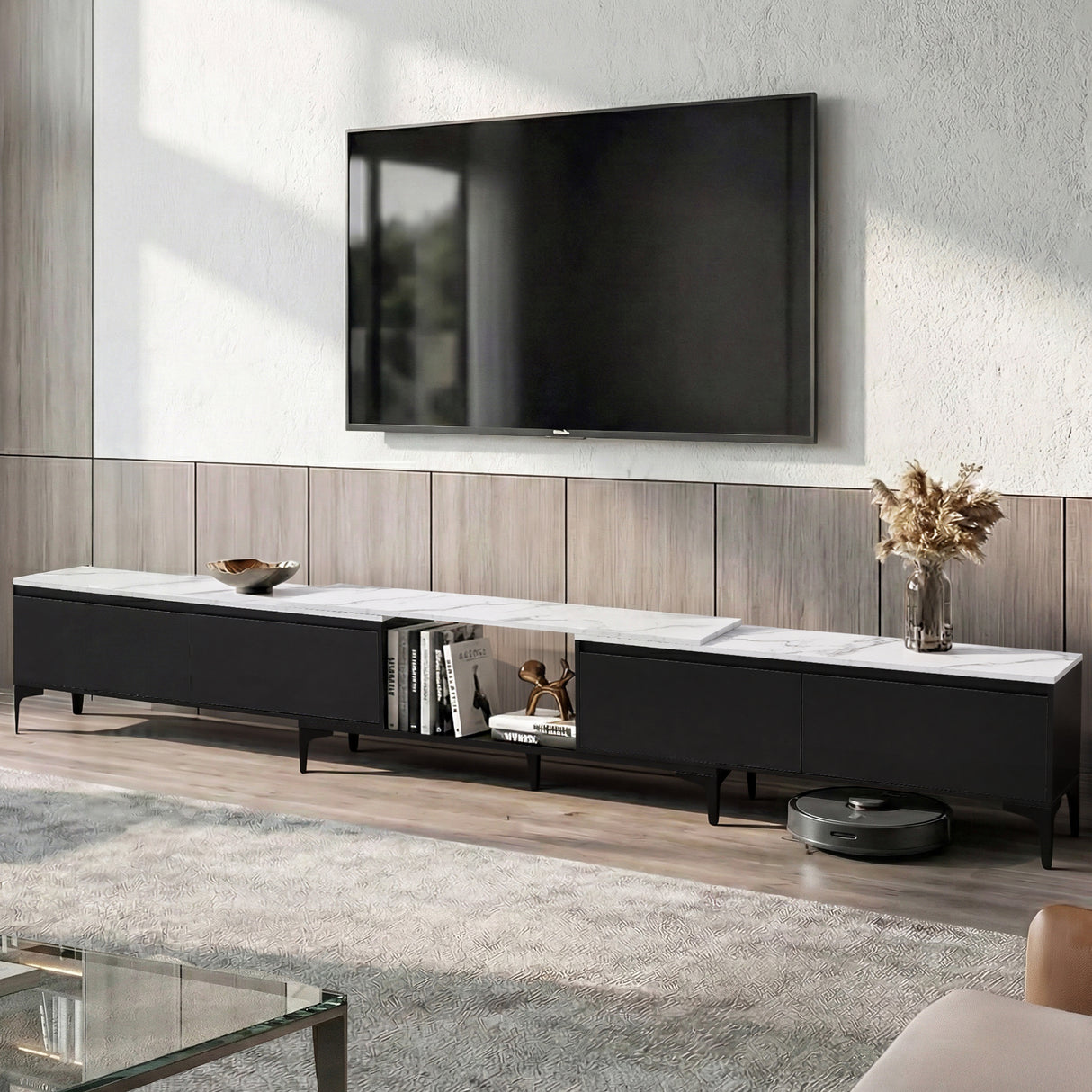 Margate black extendable TV cabinet with marble effect top in a modern living room
